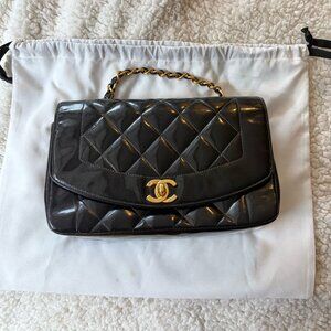 Vintage CHANEL Patent Leather Diana Small Flap Shoulder Bag, black
